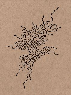 an abstract drawing on brown paper with black lines coming out of the top and bottom