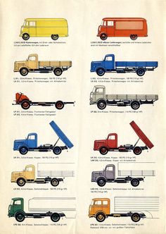 an old book shows different types of trucks