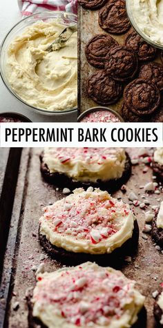 peppermint bark cookies with white frosting and sprinkles on top