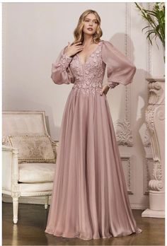 Pink Satin Gown With Sleeves, Beaded Floral Dress, Satin Full Sleeve Dress, Mother Of The Bride Dresses 2024, Satin Gown With Sleeves, Petal Embroidery, Long Sleeve Chiffon Dress, Flowing Sleeves, Smoky Blue