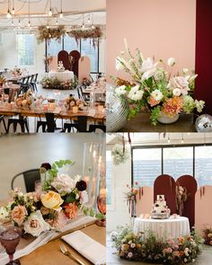 two pictures of tables with flowers and candles on them