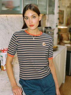 Color : NAVYCountry of Origin : KOREA Navy Retro Summer Tops, Retro Navy Tops For Summer, Navy Graphic Tee With Short Sleeves, Composition, Top Outfits, Navy, Orange, The Originals, Clothes For Women