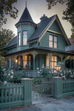 a large green house with flowers in the front yard and lights shining on it's windows