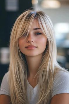 Textured Long Hair Straight, Long Blonde Hair With Long Bangs, Straight Blond Hairstyles, Long Straight Hairstyles Curtain Bangs, Curtains Bangs Straight Hair, Long Blonde Hair With Layers Side Part, Girls Haircut Kids Long, Fringe And Long Hair, Bangs Hairstyles Blonde