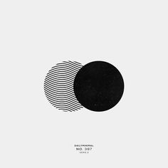 an abstract black and white poster with two circles