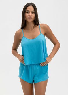 Relaxed Fit Sleeveless Top
Adjustable Spaghetti Straps
Cheeky Short With Elastic Waist
Ultra Soft - Premium Modal Fabric
2.5" Inseam
55% Cotton 37% Modal 8% Spandex Blue V-neck Camisole With Adjustable Straps, Casual Sleeveless Camisole For Loungewear, Blue Tank Top With Built-in Bra, Solid Color Cami Tank Top For Loungewear, Seamless Summer Tank Top For Loungewear, Summer Sleeveless Camisole For Loungewear, Sleeveless Summer Camisole For Loungewear, Sleeveless Camisole For Summer Loungewear, Blue Cami Tank Top For Loungewear