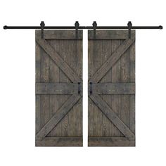 two wooden sliding doors with metal bars