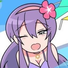 an anime character with purple hair and a pink flower in her hair is looking at the camera