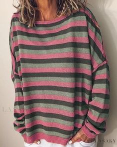 Lasaky - Trendy Relaxed-Fit Sweater featuring a Round Neck and Long Sleeves Loose Blouses, Spring Blouse, Loose Fit Sweater, Radiate Confidence, Spring Fashion Casual, Tie Dye Long Sleeve, Streetstyle Fashion, Casual Stripes, Sleeves Pattern