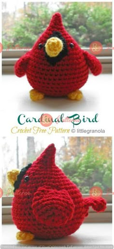 crocheted red bird sitting on top of a window sill