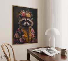 a raccoon with flowers on it's head sitting in front of a painting