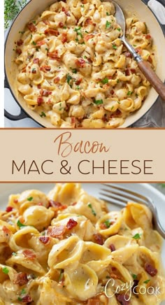 bacon mac and cheese topped with bacon and made with extra cream and cheese Cheese Pasta Dishes, Bacon Pasta Recipes, Bacon Mac And Cheese, Dinner Recipes For Family, Diner Recipes, Pasta Dinner Recipes, Recipes Crockpot, Cheese Pasta