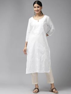 White Cotton Embroidered Chikankari Kurta Cheap White Cotton Kurta, Kurti Straight, Kurti Dupatta, Chikankari Kurta, Chikankari Kurti, Cotton Kurti, Kurti Collection, Straight Kurta, Intricate Embroidery