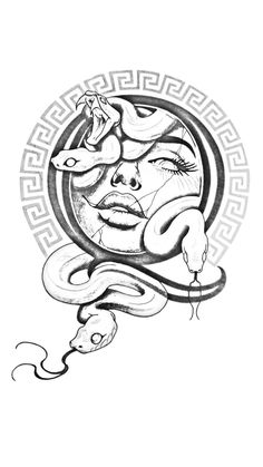 a black and white drawing of a woman's face with snake around her neck