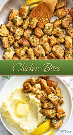 small cubes of chicken topped with seasoning with a side of mashed potatoes Grilled Chicken With Mashed Potatoes, Chicken Bites Recipes, Cozy Cook, Chicken Mashed Potatoes, Comfort Soup Recipes, With Mashed Potatoes, Vegetable Side Dishes Recipes, Side Dishes For Bbq, Best Party Food