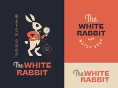 four different logos for the white rabbit watch shop, which are designed in retro style