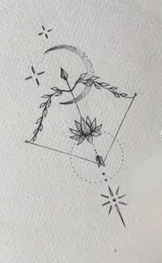 an arrow and some flowers on a piece of paper that is drawn with black ink