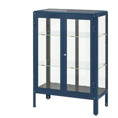 a blue glass cabinet with two shelves on each side and one door open to reveal the contents