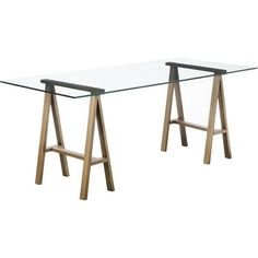 a glass table with two wooden legs