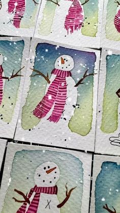 six snowmen with hats and scarves are shown in watercolor on white paper