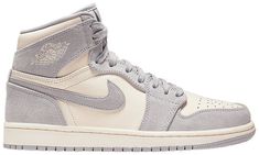 A women’s exclusive take on the premiere Michael Jordan sneaker that started it all?Dthe Wmns Air Jordan 1 High Premium sneaker features a luxurious construction on a classic high-top silhouette. This May 2019 ‘Atmosphere Grey’ iteration mixes a Pale Ivory tumbled leather underlay with textured Atmosphere Grey suede panels. A departure from the original ’85 [...] Michael Jordan Sneakers, Wmns Air Jordan 1, Dr Shoes, Jordan Sneaker, Jordan Model, Womens Air Jordans, Air Jordan 1 Retro High, Air Jordan 1 High, Grey Suede