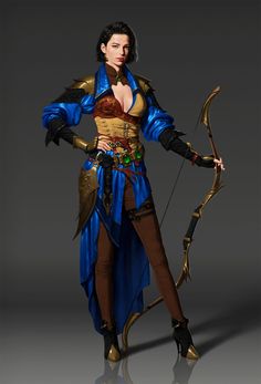 a woman dressed in an outfit holding a bow and arrow with her hands on her hips