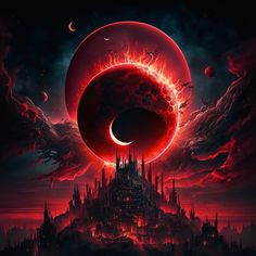 an image of a red eclipse in the sky over a castle with a moon on it