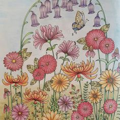 a drawing of flowers with a butterfly flying over the top and bottom part of them