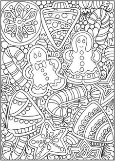 an abstract coloring page with christmas cookies and other holiday items in black and white ink