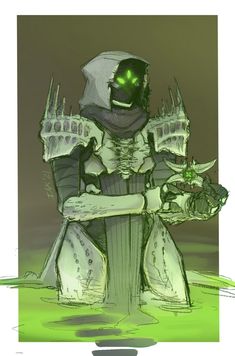 a drawing of a man with green eyes and armor