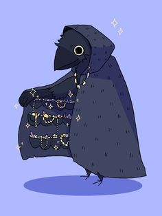 a black bird wearing a cape and holding a bag with chains on it's back