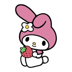 a hello kitty holding a strawberry in her hand and wearing a pink hat with a flower on it