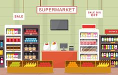 supermarket store with shelves full of products and sale signs hanging from the ceiling, flat style