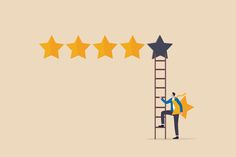 a man climbing up a ladder to reach five stars on top of each other,