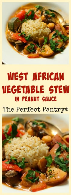 the cover of west african vegetable stew in peanut sauce is shown with rice and vegetables