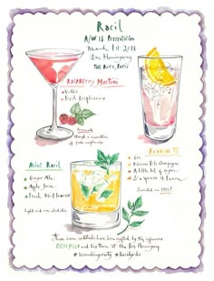 a drawing of two cocktails with different drinks and names on the side, including raspberry mojitta