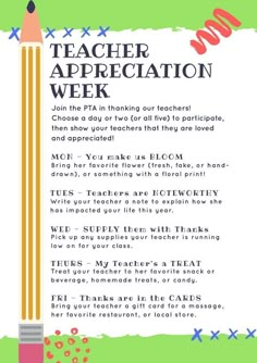 a teacher appreciation week poster with pencils and writing on the back side of it