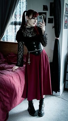 #goth #alternative #gothic #fashion #gothoutfit #gothicfashion #alternativefashion #gothgirl #lacetop #corset Older Goth Fashion, Goth Outfit Female, Goth Outfits Trad, Goth Rock Outfits, Corset Outfit Goth, Warm Goth Outfit, Vintage Goth Outfits, Victorian Goth Outfits, Red Goth Outfits