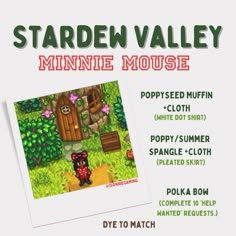 an advertisement for a game called stardew valley minnie mouse, with instructions to make it