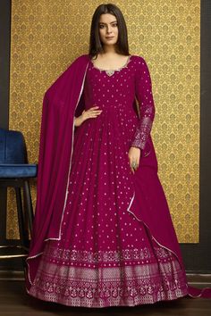 Blazing Rani Color Function Wear Foil Work Georgette Readymade Gown Wi Pink Anarkali Gown, Georgette Material, Pink Anarkali, Gown With Dupatta, Rani Pink, Pink Gown, Pink Foil, Patiala Salwar, Anarkali Gown