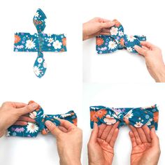 four images showing how to make a flowery bow tie