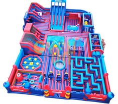 an inflatable maze is shown on a white background with red and blue colors