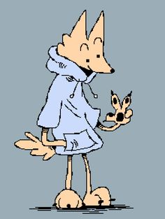 a cartoon fox holding a small dog in its paws and wearing a blue dress with an animal