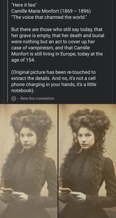 an old photo with two pictures of a woman in black dress and long curly hair