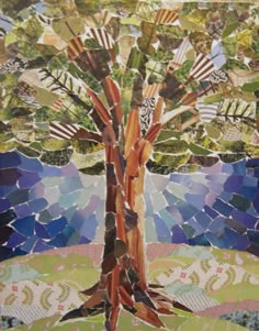 a mosaic tree is shown in the middle of a painting with many different colors and shapes