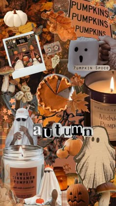 an autumn collage with pumpkins, candles and other things to decorate on it