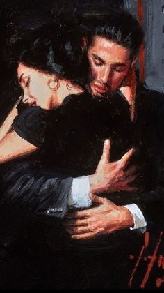 a painting of two people hugging each other