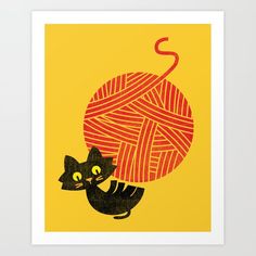 a black cat is playing with a ball of yarn art print by artist mark taylor