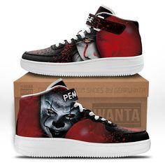 Pennywise IT Clown Shoes Custom Air Mid Sneakers Horror Fans-Gear Wanta World Of Horror, It Clown, High Top Air Force, Dream Shoe, Custom Sneakers Diy, Clown Shoes, Mid Shoes, Air Force Shoes, Mid Sneakers