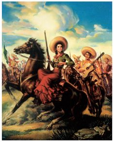 a woman riding on the back of a brown horse next to a man in a cowboy hat